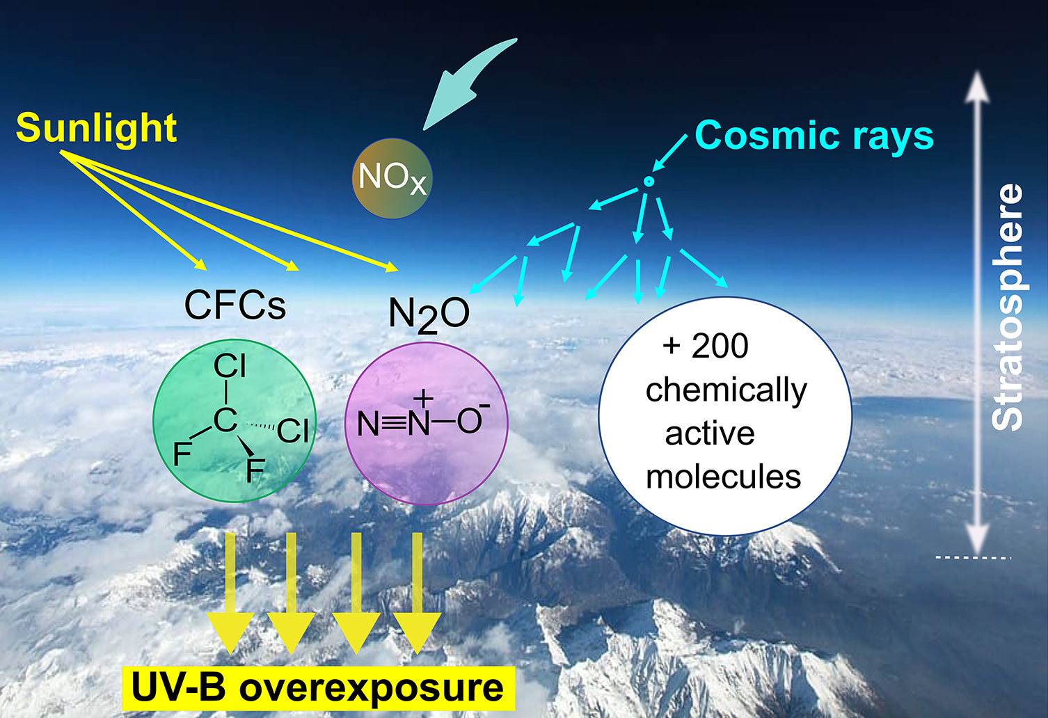 Impact of increased cosmic rays, UV radiation and fragility of ozone