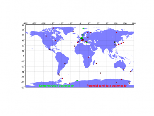 Carte des stations de démonstration du service FRM4DOAS (cercles verts) + stations candidates potentielles (cercles rouges) identifiées à l'aide d'un questionnaire distribué à l'ensemble de la communauté MAX-DOAS.