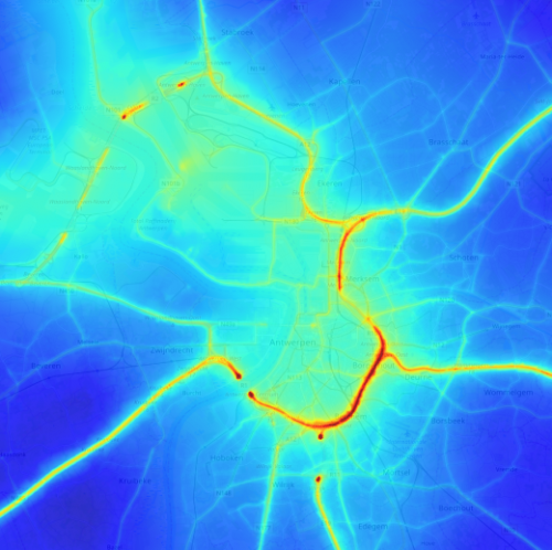 Distribution spatiale modélisée du NO2 dans la région d'Anvers. Crédit: maps.atmosys.eu.