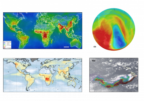 Figure 1. Images from Sentinel-5 Precursor TROPOMI first year of measurements of atmospheric constituents of formaldehyde (HCHO) and glyoxal (CHOCHO) as tracer of hydrocarbon emissions, total ozone (O3) layer (showing the ozone hole) and sulfur dioxide (SO2) emitted by the volcanic eruption in Hawaii. © BIRA-IASB/DLR/ESA/EU.