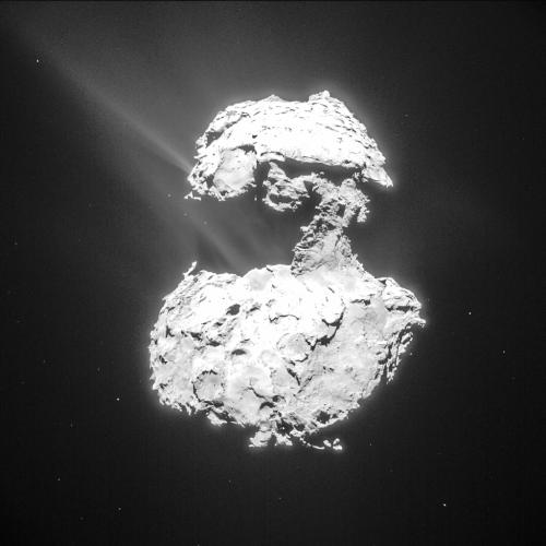 Gas and dust rise from “Chury’s” surface as the comet approaches the point of its orbit closest to the Sun.