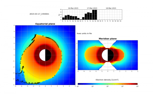 Plans équatorial et méridien de la densité électronique de la magnétosphère interne