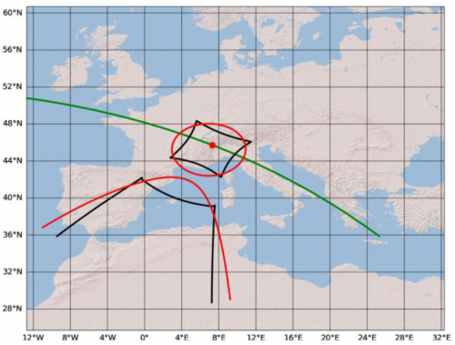 Kaart van Europa met ASIM field of view 