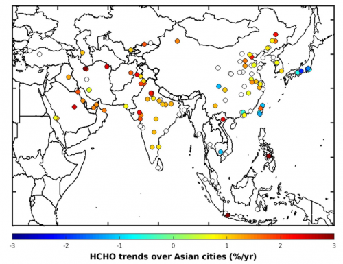 Kaart HCHO-trends in 133 grote Aziatische steden